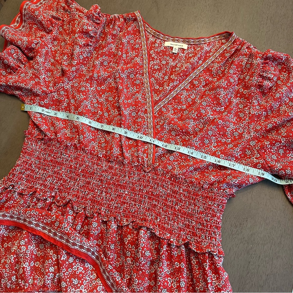 MAX STUDIO Floral Surplice Neck Ruffled Red Ivory Dress Size XL - Picture 9 of 12